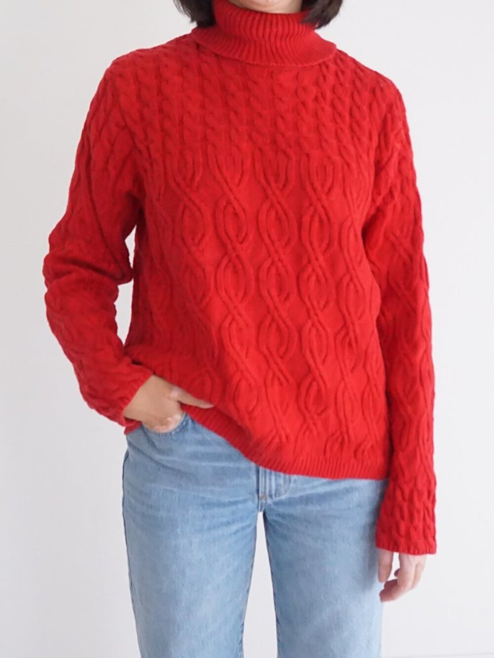 Vintage Wainscot Red Cable Knit Turtleneck Cotton Sweater Fisherman XL